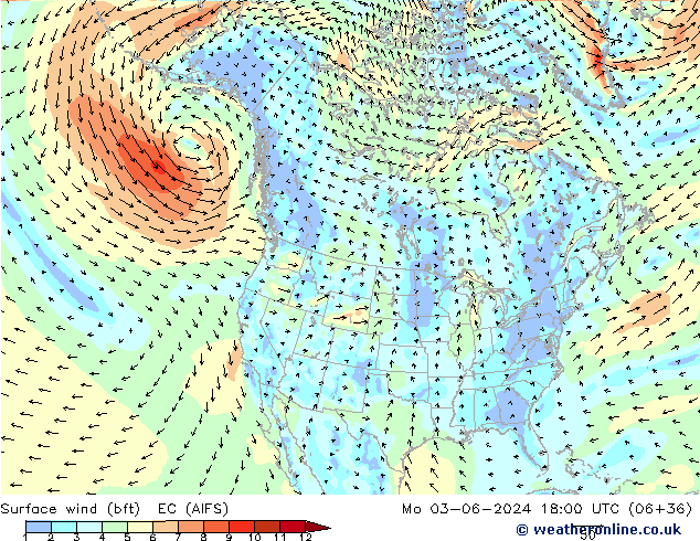 Surface wind (bft) EC (AIFS) Mo 03.06.2024 18 UTC
