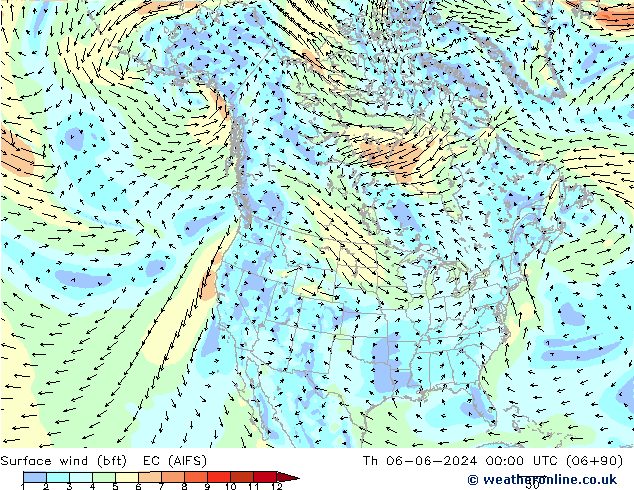 Surface wind (bft) EC (AIFS) Čt 06.06.2024 00 UTC