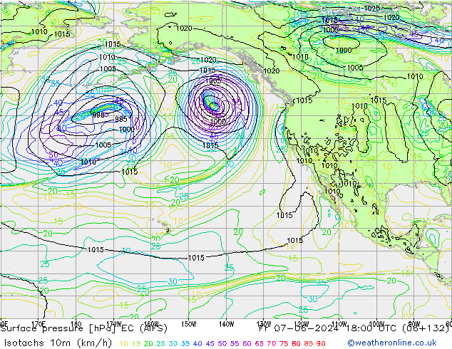 Isotachs (kph) EC (AIFS) ven 07.06.2024 18 UTC