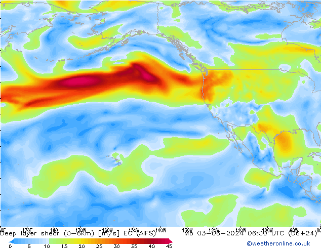 Deep layer shear (0-6km) EC (AIFS) Mo 03.06.2024 06 UTC