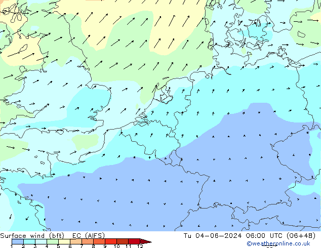 Surface wind (bft) EC (AIFS) Tu 04.06.2024 06 UTC
