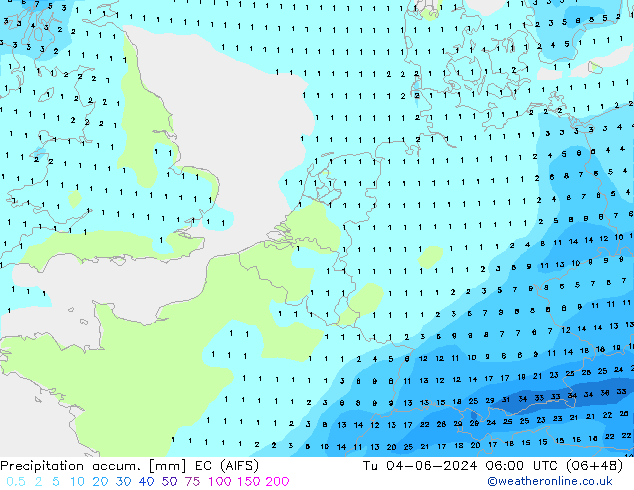 Precipitation accum. EC (AIFS) Tu 04.06.2024 06 UTC