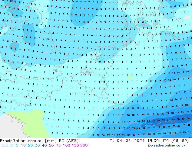 Precipitation accum. EC (AIFS) Tu 04.06.2024 18 UTC