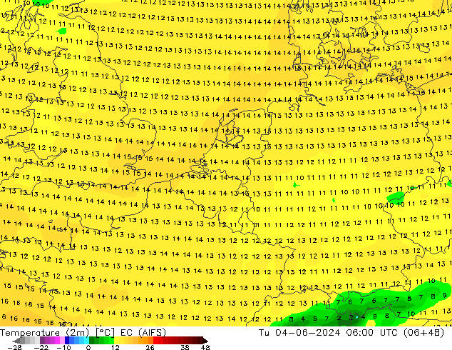 Temperatuurkaart (2m) EC (AIFS) di 04.06.2024 06 UTC