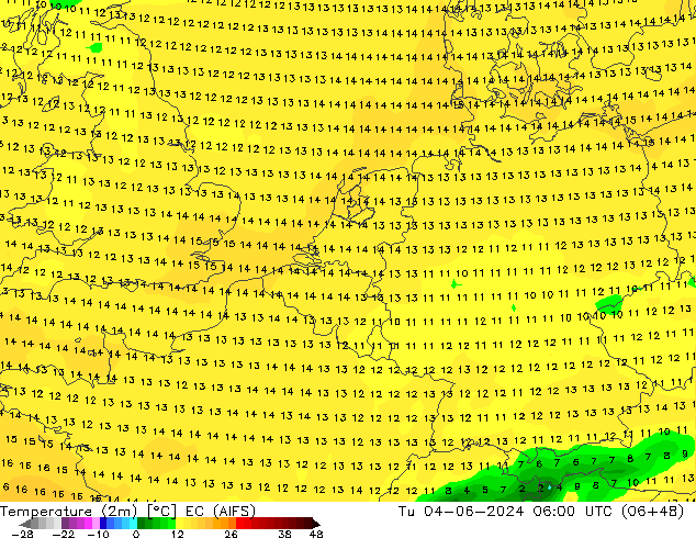 Temperature (2m) EC (AIFS) Tu 04.06.2024 06 UTC