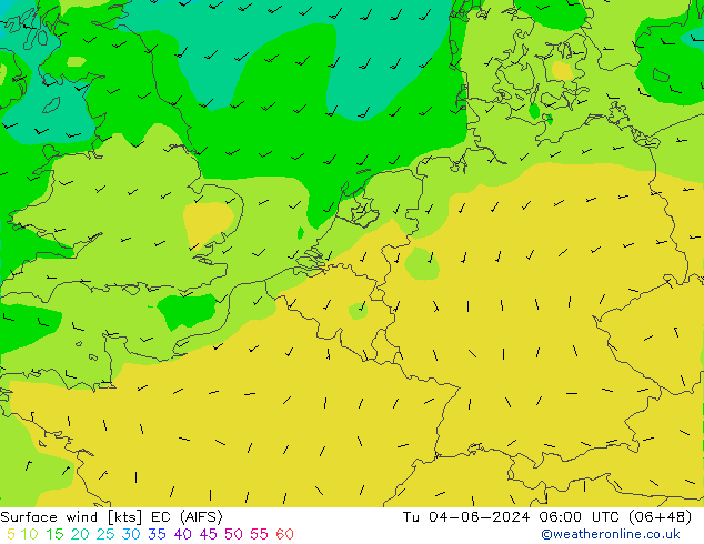 Surface wind EC (AIFS) Út 04.06.2024 06 UTC