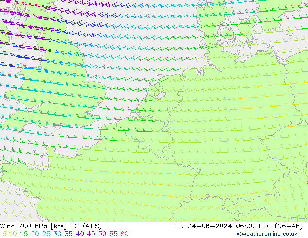 Rüzgar 700 hPa EC (AIFS) Sa 04.06.2024 06 UTC