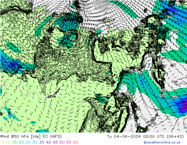 Rüzgar 850 hPa EC (AIFS) Sa 04.06.2024 00 UTC