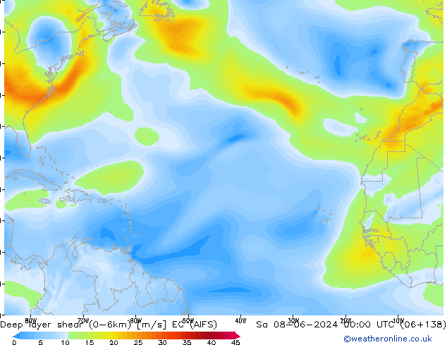 Deep layer shear (0-6km) EC (AIFS) сб 08.06.2024 00 UTC