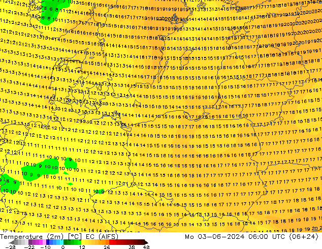 Temperatura (2m) EC (AIFS) Seg 03.06.2024 06 UTC