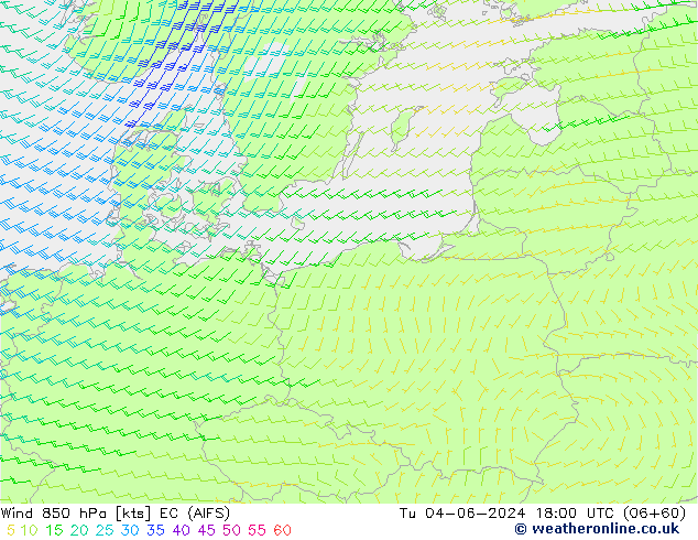 Wind 850 hPa EC (AIFS) Tu 04.06.2024 18 UTC