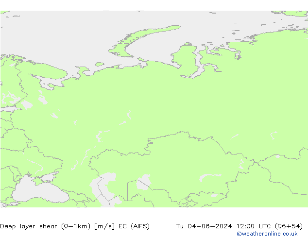 Deep layer shear (0-1km) EC (AIFS) Tu 04.06.2024 12 UTC