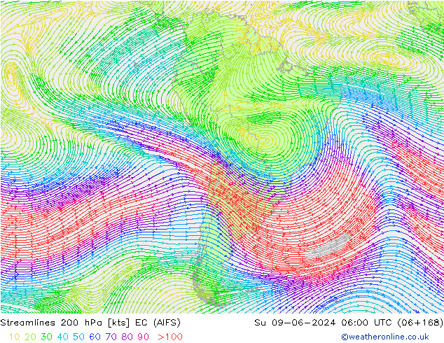 Streamlines 200 hPa EC (AIFS) Ne 09.06.2024 06 UTC