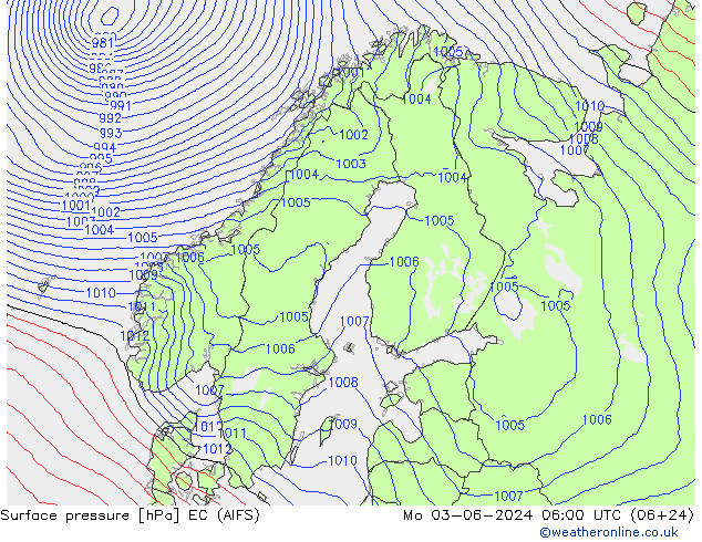 Surface pressure EC (AIFS) Mo 03.06.2024 06 UTC