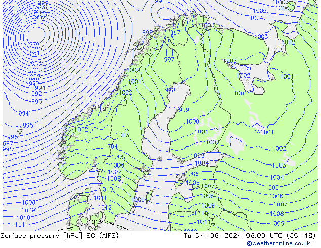 Surface pressure EC (AIFS) Tu 04.06.2024 06 UTC