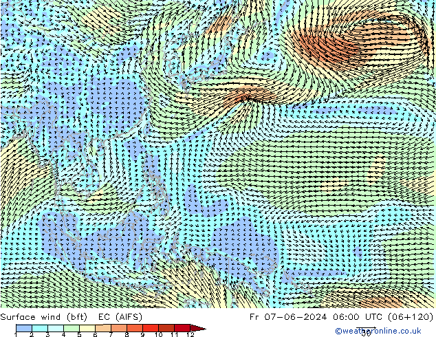 Surface wind (bft) EC (AIFS) Fr 07.06.2024 06 UTC