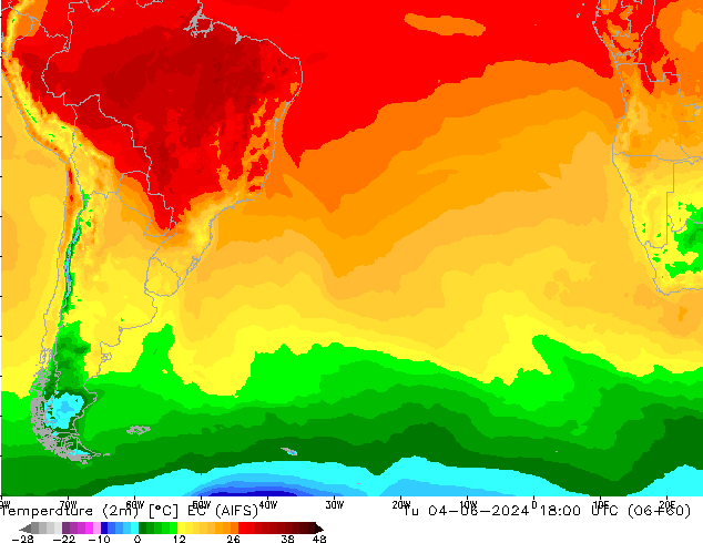 température (2m) EC (AIFS) mar 04.06.2024 18 UTC