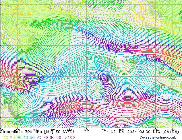 Línea de corriente 300 hPa EC (AIFS) jue 06.06.2024 06 UTC