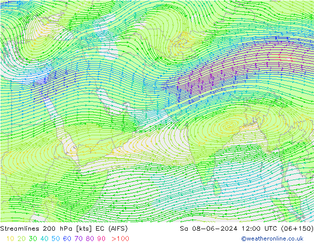 Streamlines 200 hPa EC (AIFS) Sa 08.06.2024 12 UTC
