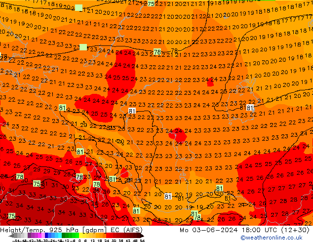 Height/Temp. 925 hPa EC (AIFS) Po 03.06.2024 18 UTC