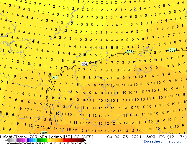 Hoogte/Temp. 700 hPa EC (AIFS) zo 09.06.2024 18 UTC