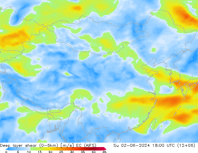 Deep layer shear (0-6km) EC (AIFS) Ne 02.06.2024 18 UTC