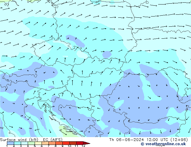 wiatr 10 m (bft) EC (AIFS) czw. 06.06.2024 12 UTC