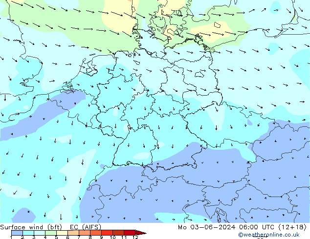 Wind 10 m (bft) EC (AIFS) ma 03.06.2024 06 UTC