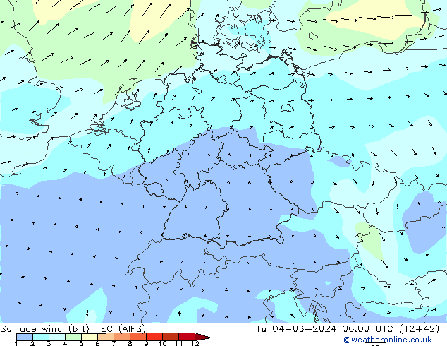 Surface wind (bft) EC (AIFS) Tu 04.06.2024 06 UTC