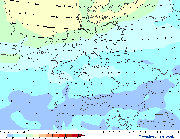 Surface wind (bft) EC (AIFS) Fr 07.06.2024 12 UTC