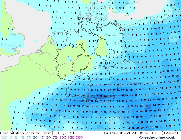 Precipitation accum. EC (AIFS) Tu 04.06.2024 06 UTC