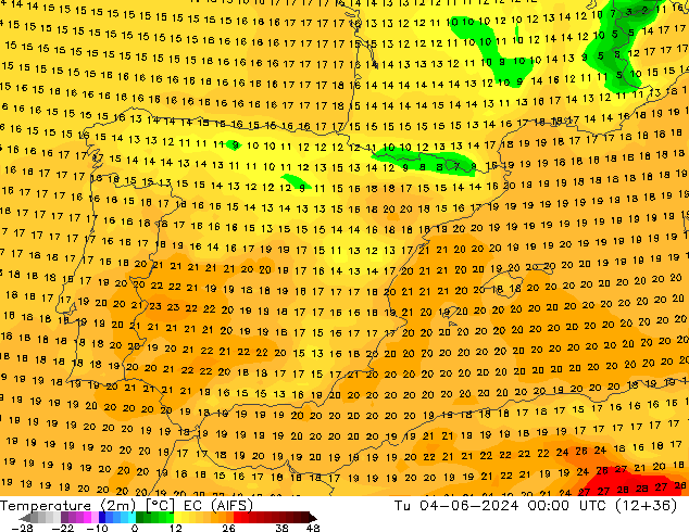 Temperature (2m) EC (AIFS) Út 04.06.2024 00 UTC