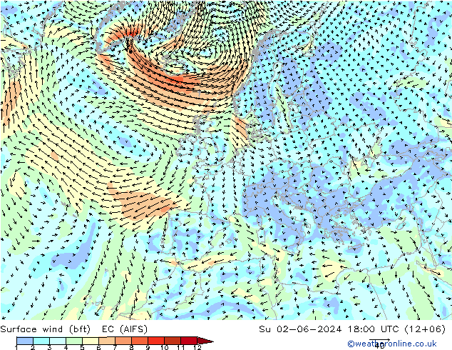Vento 10 m (bft) EC (AIFS) dom 02.06.2024 18 UTC