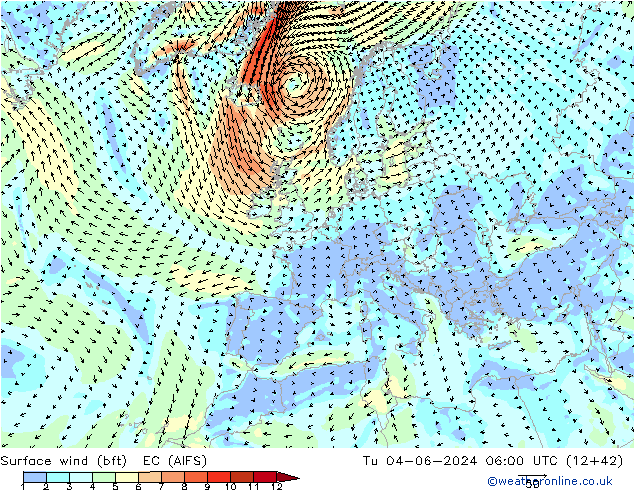 Bodenwind (bft) EC (AIFS) Di 04.06.2024 06 UTC