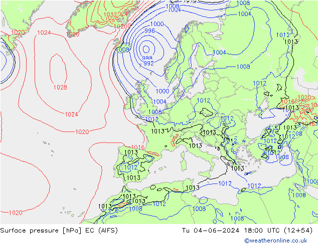 Atmosférický tlak EC (AIFS) Út 04.06.2024 18 UTC