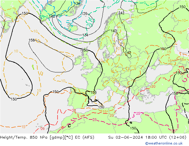 Hoogte/Temp. 850 hPa EC (AIFS) zo 02.06.2024 18 UTC