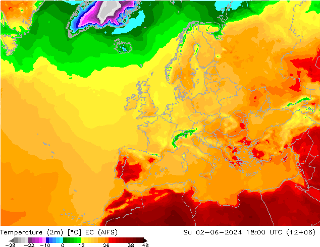 Sıcaklık Haritası (2m) EC (AIFS) Paz 02.06.2024 18 UTC