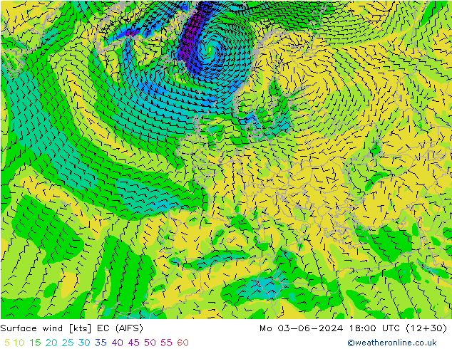 Wind 10 m EC (AIFS) ma 03.06.2024 18 UTC