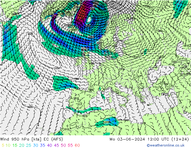 Vento 950 hPa EC (AIFS) Seg 03.06.2024 12 UTC