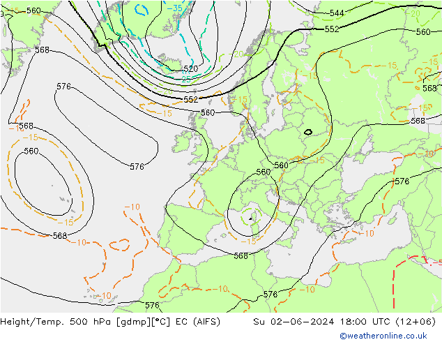 Height/Temp. 500 hPa EC (AIFS) 星期日 02.06.2024 18 UTC