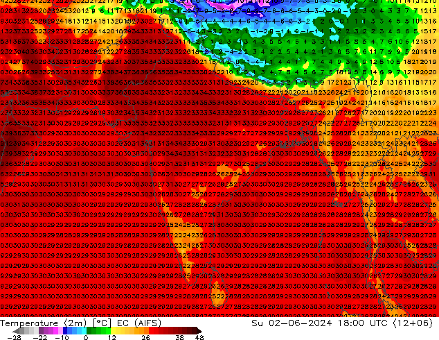 Temperature (2m) EC (AIFS) Su 02.06.2024 18 UTC