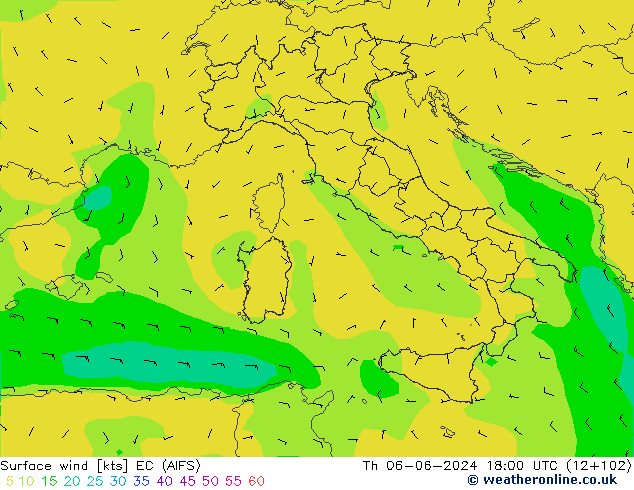 Vento 10 m EC (AIFS) gio 06.06.2024 18 UTC