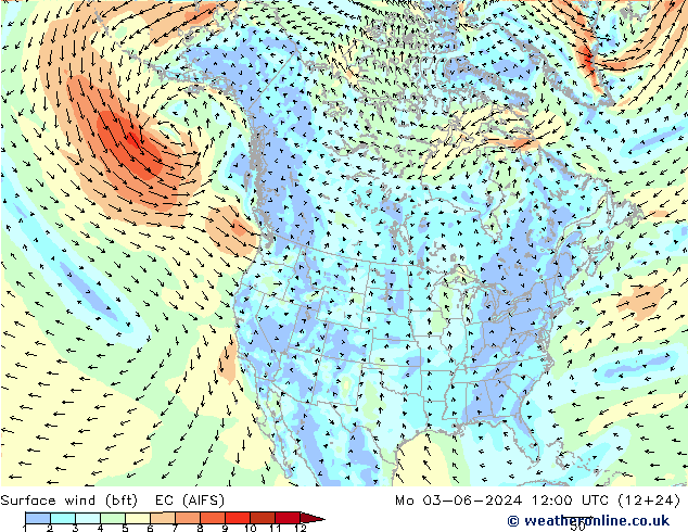 Surface wind (bft) EC (AIFS) Mo 03.06.2024 12 UTC