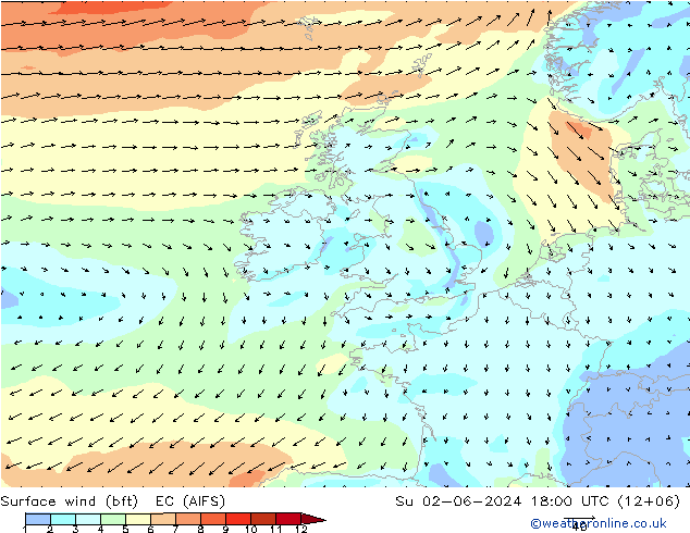 Surface wind (bft) EC (AIFS) Su 02.06.2024 18 UTC