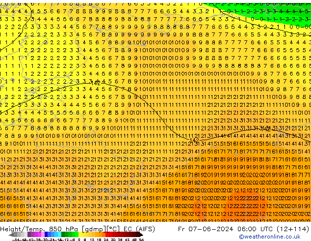 Hoogte/Temp. 850 hPa EC (AIFS) vr 07.06.2024 06 UTC
