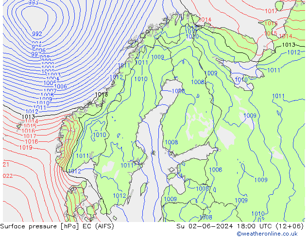Atmosférický tlak EC (AIFS) Ne 02.06.2024 18 UTC