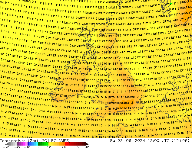 Sıcaklık Haritası (2m) EC (AIFS) Paz 02.06.2024 18 UTC