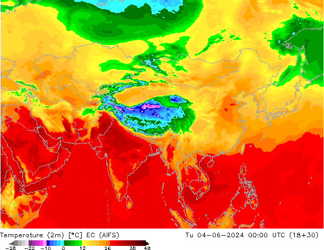 Temperature (2m) EC (AIFS) Tu 04.06.2024 00 UTC
