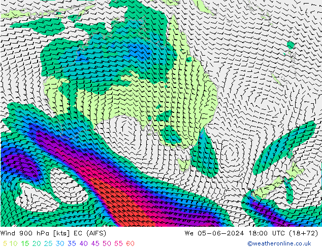 Vento 900 hPa EC (AIFS) Qua 05.06.2024 18 UTC