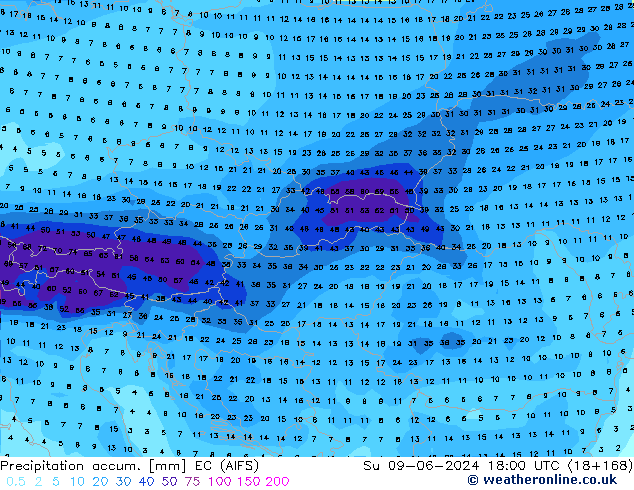 Precipitation accum. EC (AIFS) Su 09.06.2024 18 UTC